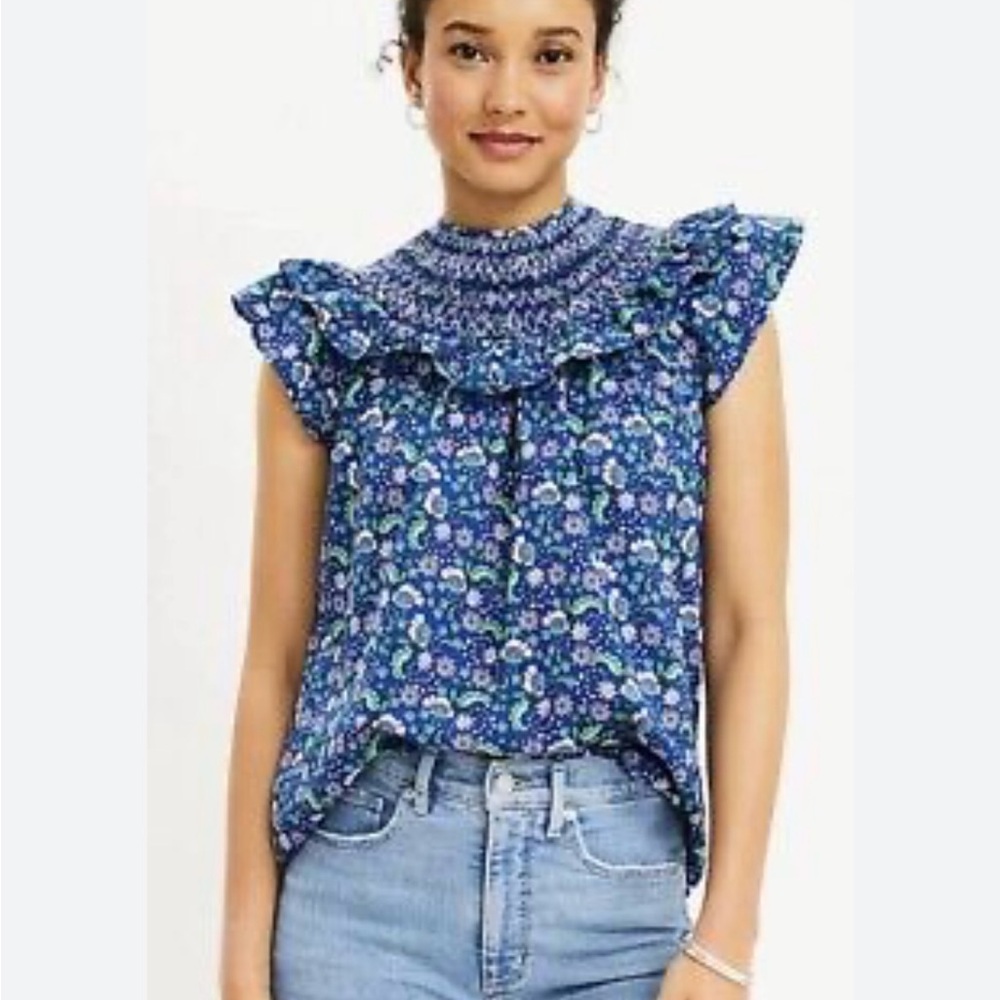 NWT LOFT Floral Smocked Ruffle Yoke Blouse